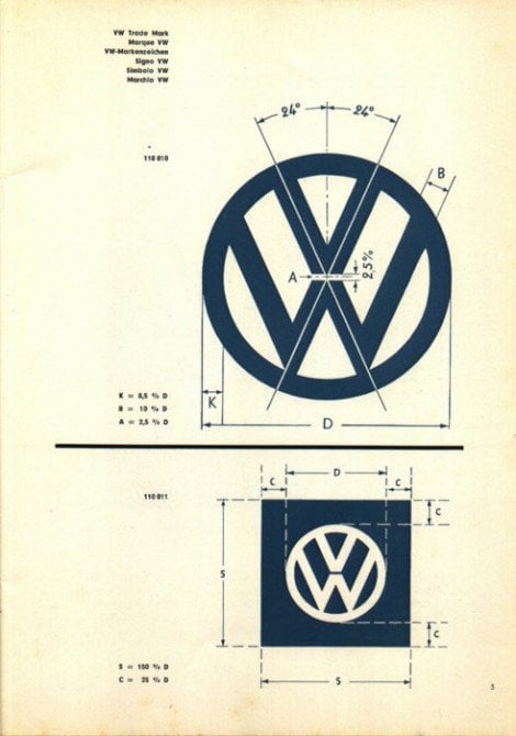  one sheet showing an aged logo specification sheet for the VW logo found 