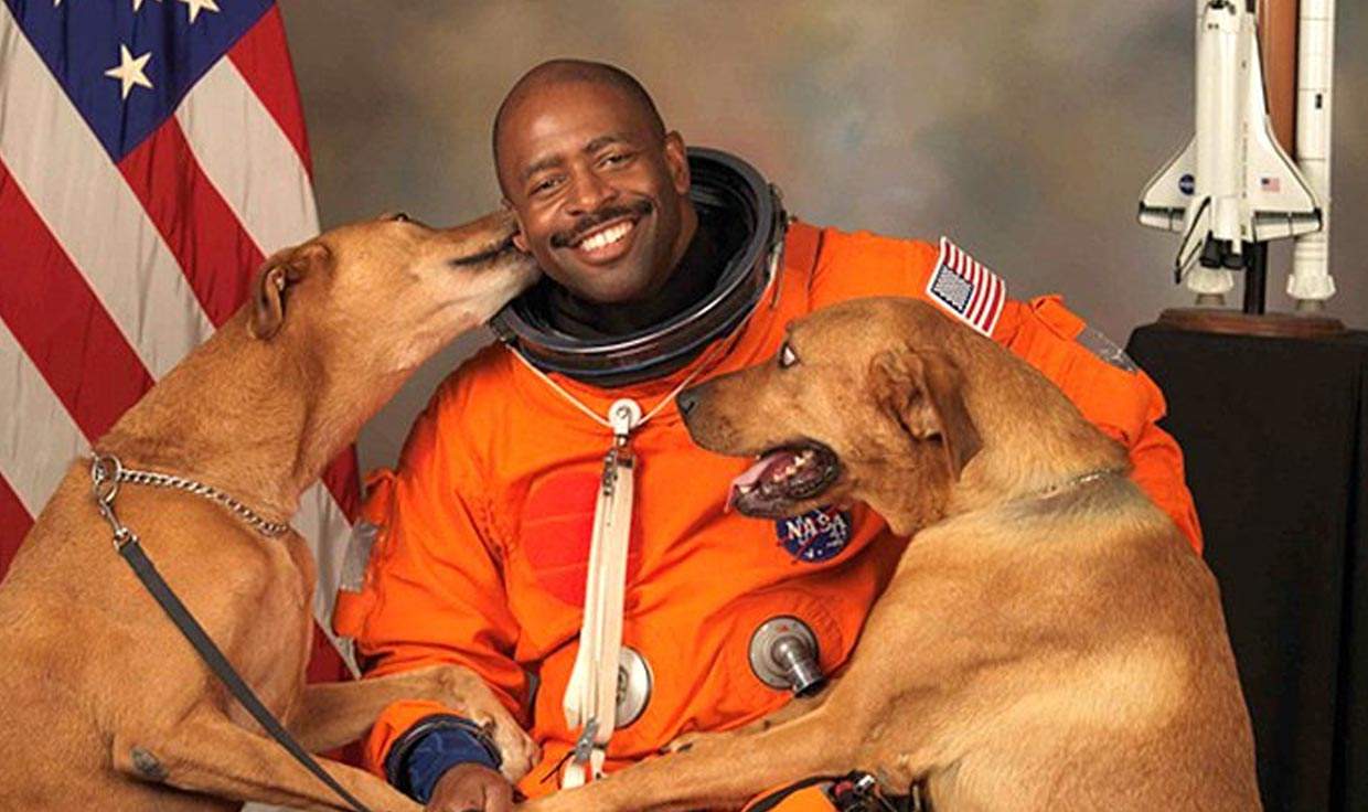 NASA Astronaut Leland D Melvin With Dogs Jake and Scout