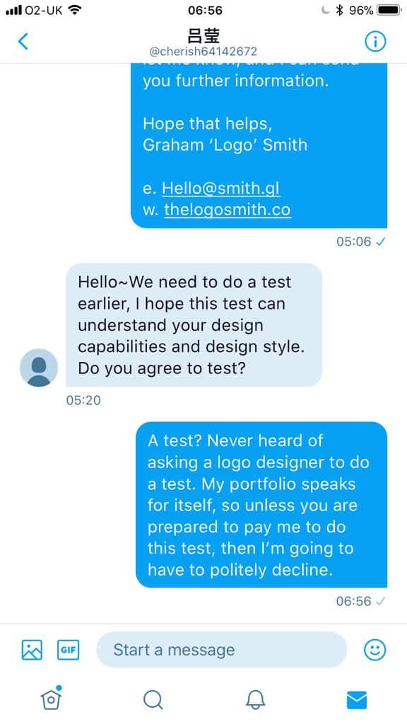 Design Test Request Screenshot for Logo Designers