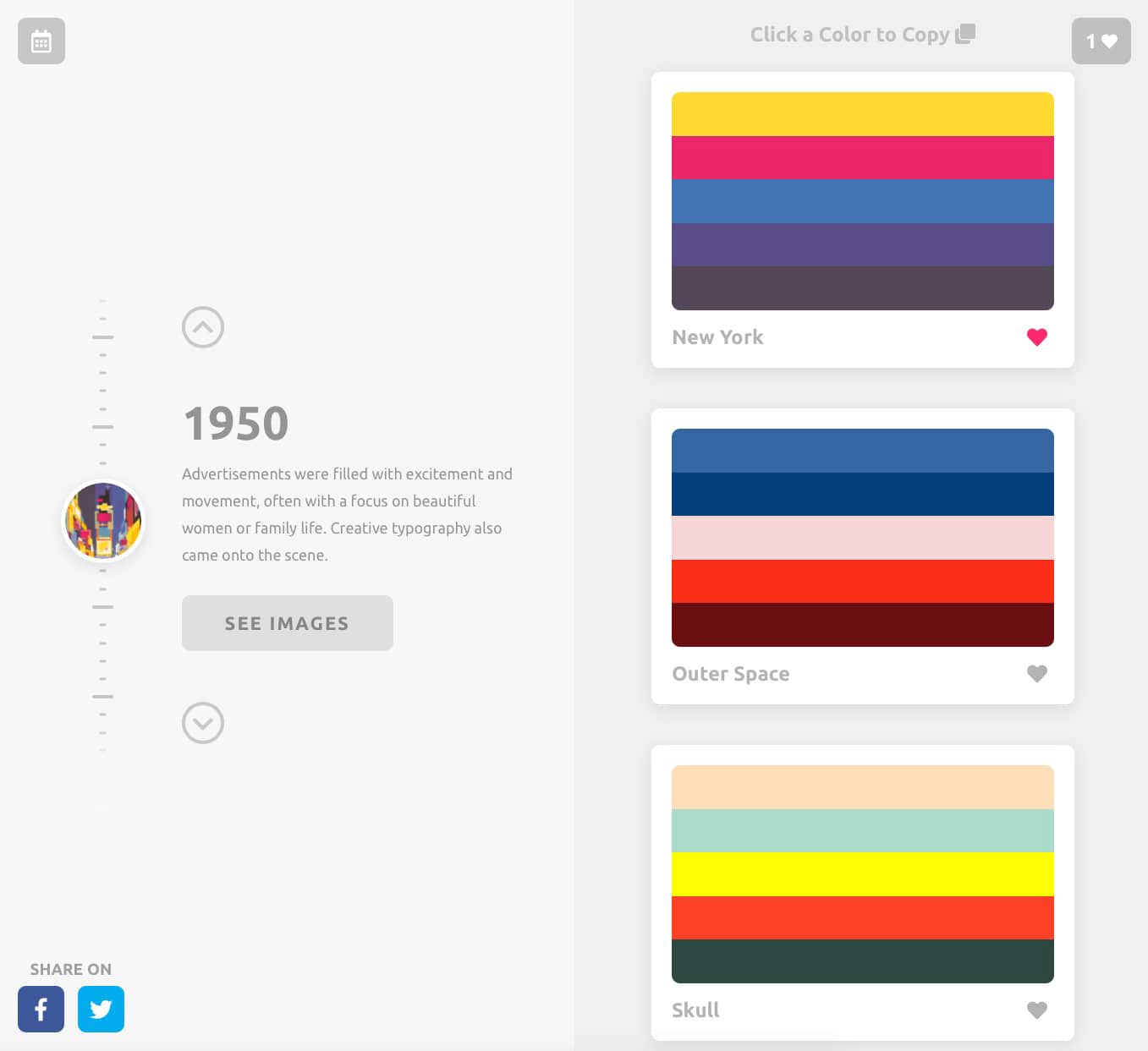 Color Leap Take a leap through time and see the color palettes of history 1950 colours